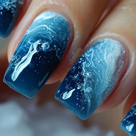 Ocean Wave Inspiration Long Square Press On Nail Set in Deep Blue with Stunning Swirl Design and Glitter Accents