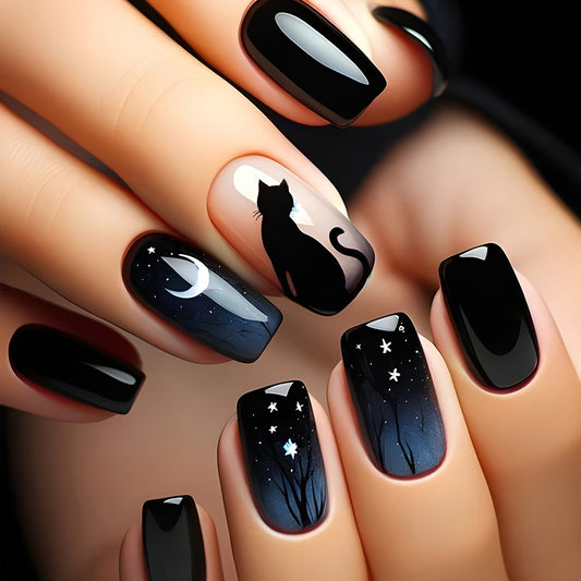 Mystical Night Press On Nail Set Long Square Black with Cat and Moon Design