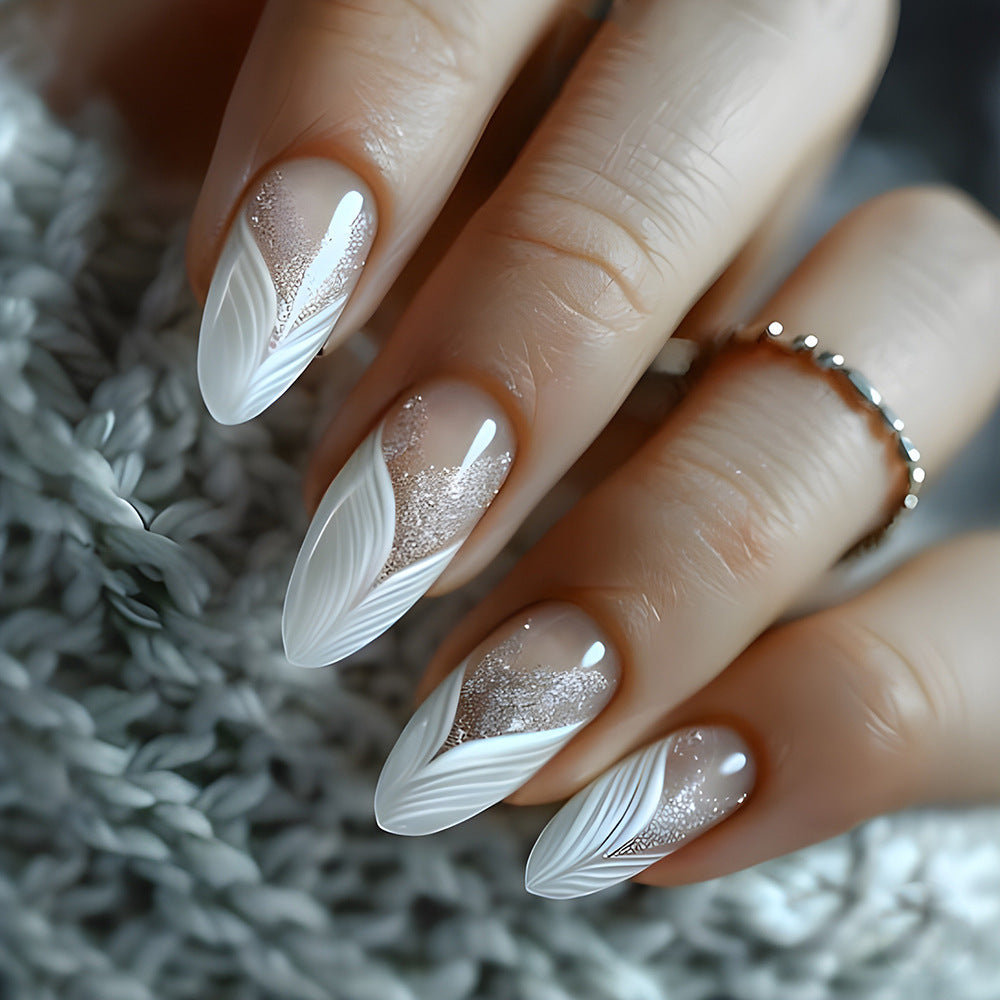 Bohemian Bliss Long Almond White Press On Nail Set with Elegant Leaf Design and Shimmering Accents