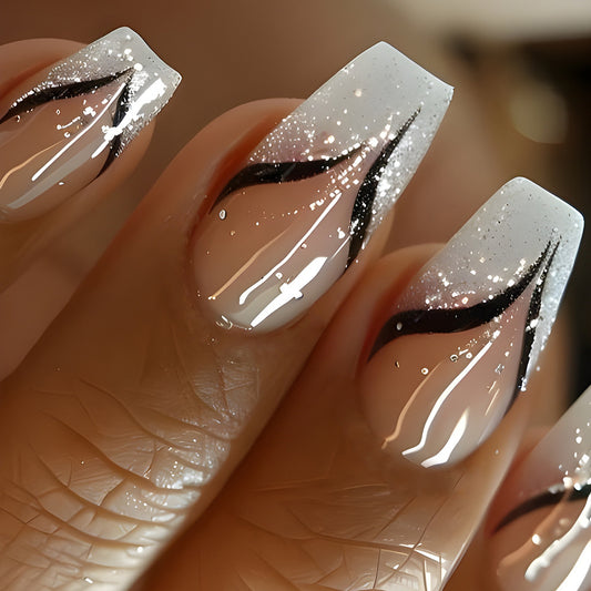 Glamorous Winter Wonderland Long Coffin White and Black Glitter Press On Nail Set