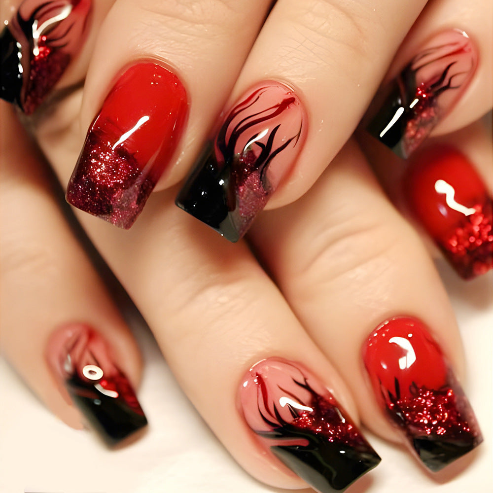 Fiery Elegance Press On Nail Set Long Square Red and Black with Glitter Ombre Design