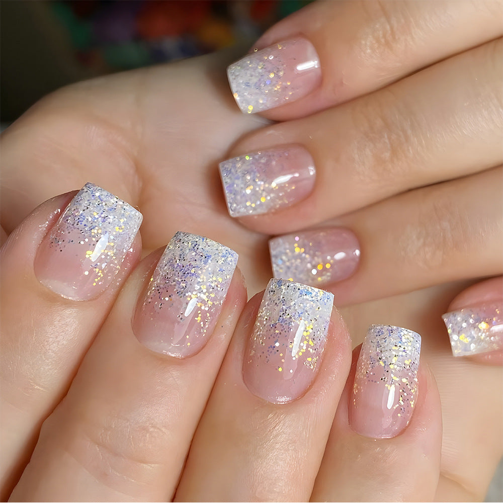 Glimmering Dream 12 Medium Square Ombre Glitter Press On Nail Set in Soft Pink and Blue Sparkle Finish