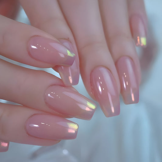 Fairy Tale Glow Press On Nail Set Long Coffin Pink Iridescent Finish