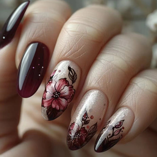 Blooming Elegance Long Almond Burgundy and Rose Floral Press On Nail Set with Sparkling Accents