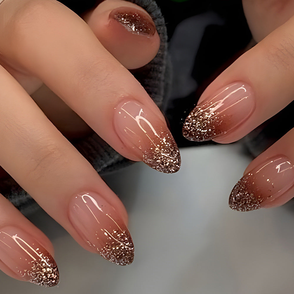 Glamorous Evening Brown Ombre Long Almond Press On Nail Set with Sparkling Glitter Tips