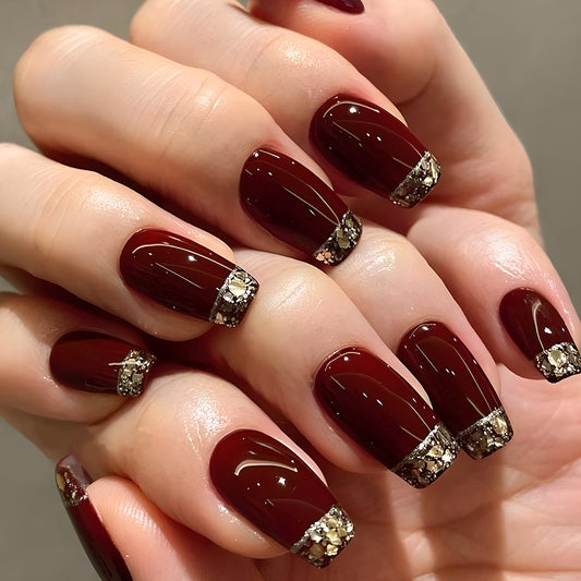 Glamorous Wine Toast Extra Long Square Burgundy Press On Nail Set with Diamond Accent Tips