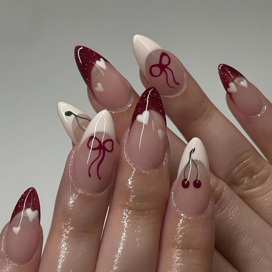 Cherry Blossom Inspired Long Almond Red and White Press On Nail Set with Heart and Bow Designs