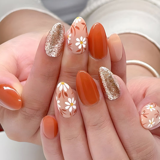 Autumn Blossom Medium Almond Shape Warm Orange and Gold Glitter Floral Press on Nail Set