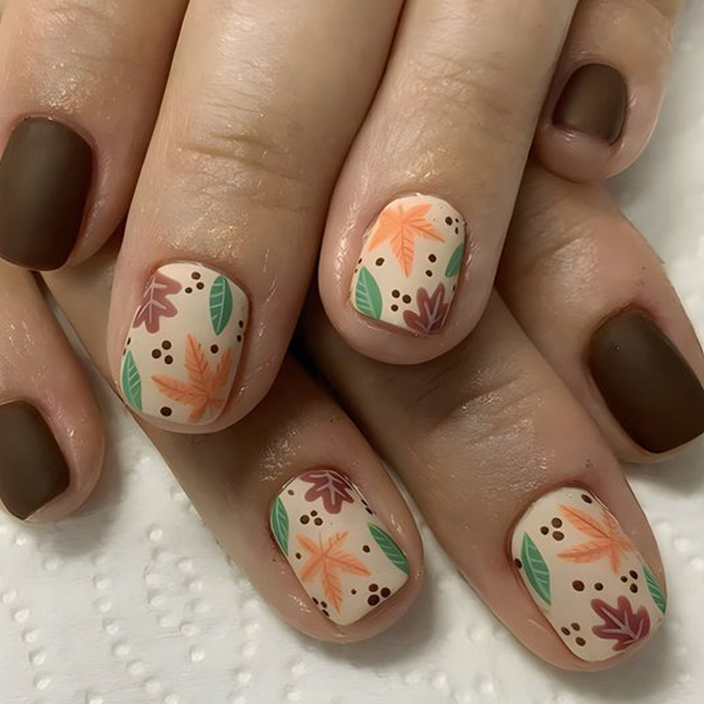 Autumn Bliss Short Squoval Brown and Neutral with Charming Leaf Designs Press-On Nail Set