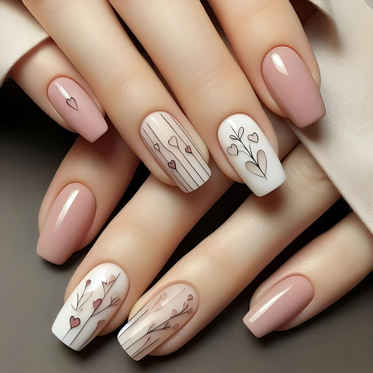 Charming Romance Medium Square Blush Pink and White Floral Press On Nail Set with Heart Patterns