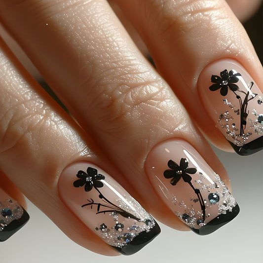 Floral Elegance Medium Square Soft Pink with Glittery Black Floral Design Press On Nail Set