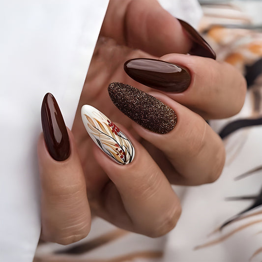 Autumn Elegance Long Almond Style Deep Brown and Elegant Floral Accent Press On Nail Set