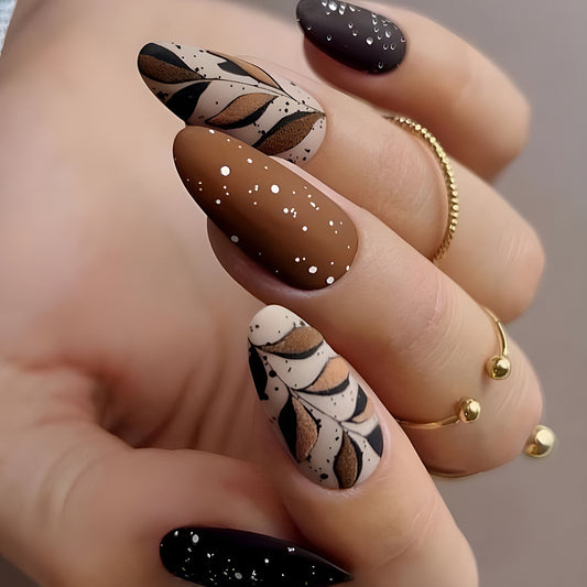 Autumn Vibes Elegant Long Almond Shaped Brown and Beige Gradient with Leaf Design Nail Set