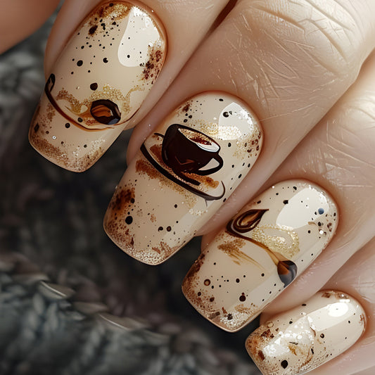 Coffee Art Dream Short Square Beige with Artistic Coffee Design and Shimmer Finish Press-On Nail Set