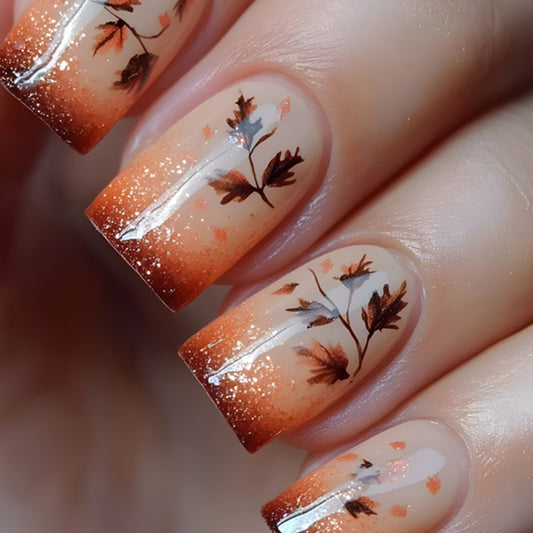 Autumn Elegance Short Square Gradient Orange Glitter Press-On Nail Set with Delicate Floral Design