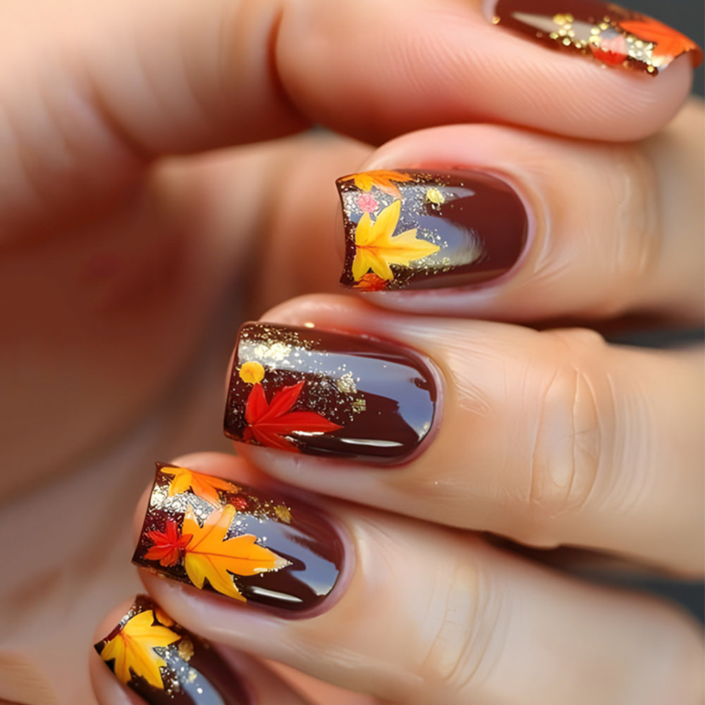 Autumn Bliss Glossy Medium Square Burgundy Nail Set with Vibrant Leaf Accents