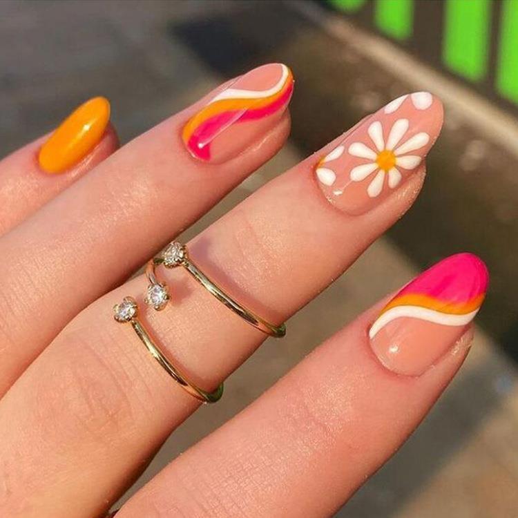 Sunny Vibes Long Oval Multicolor Press On Nail Set with Floral and Wave Designs