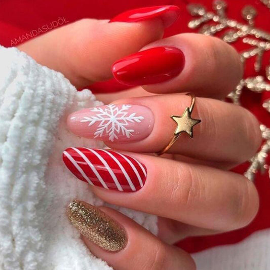 Winter Wonderland Long Almond Red and Beige Press On Nail Set with Snowflake and Candy Cane Designs