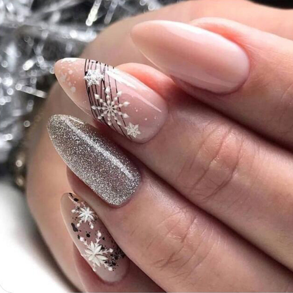 Winter Wonderland Almond Press On Nail Set Long Pink Champagne Glitter and Snowflake Design