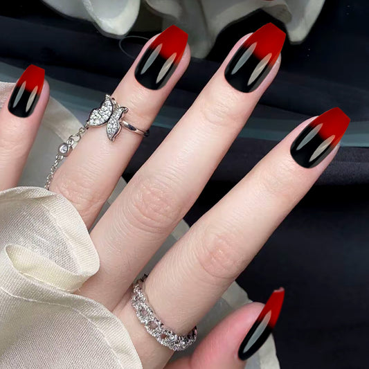 Gothic Glam Long Coffin Press On Nail Set Red and Black Gradient with Sharp Tips