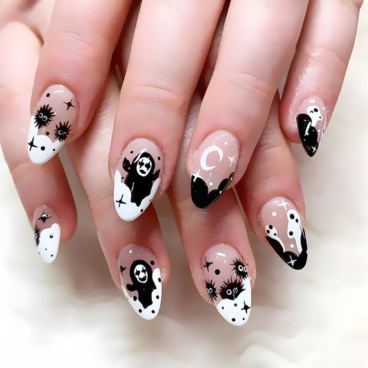 Spooky Whimsy Long Almond Shape Black and White Press On Nail Set with Unique Ghost and Panda Designs