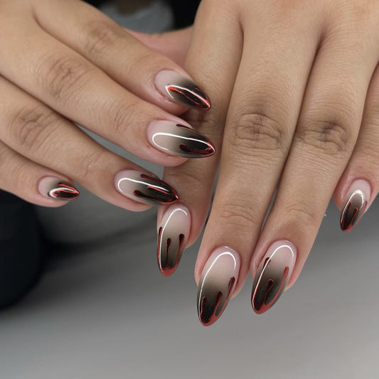 Glamorous Gothic Long Almond Burgundy Ombre Drip Press On Nail Set