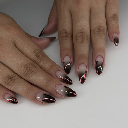 Gothic Glam Press On Nails long almond design black and red ombre with metallic swirl accents