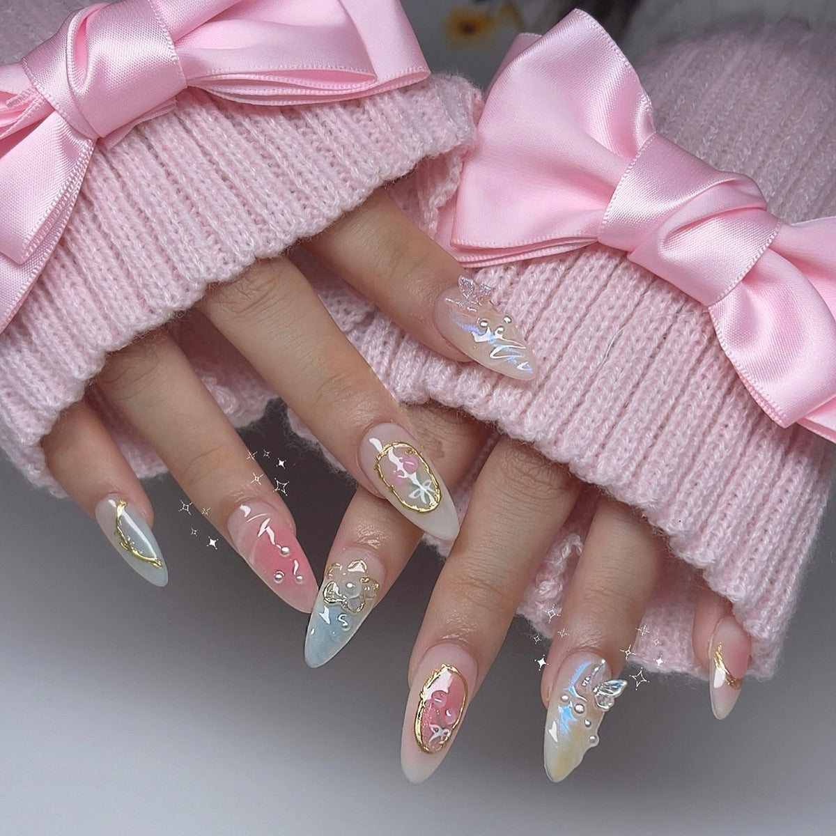 Whimsical Fairy Dreams Long Almond Pink Blue and Clear Press on Nail Set with Floral Accents and Glittering Details