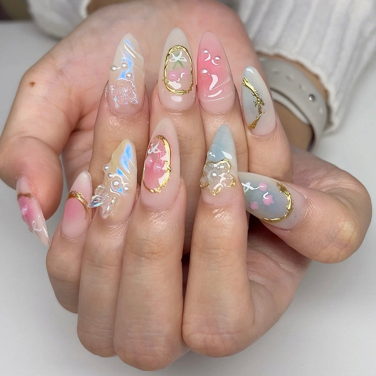 Whimsical Pastel Almond Press On Long Nail Set Colorful Gradient with Floral Gold Accents