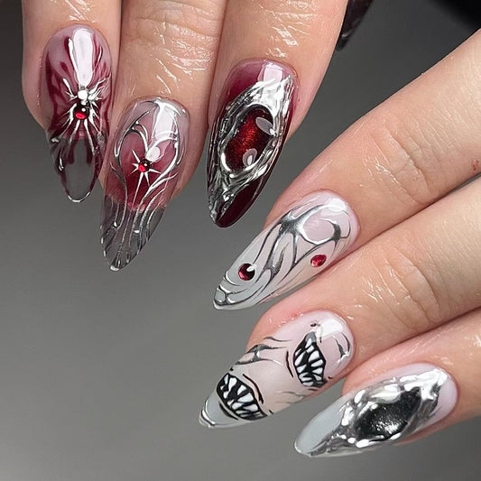 Gothic Elegance Extra Long Almond Press On Nail Set Red and Silver with Intricate Spider and Monster Designs