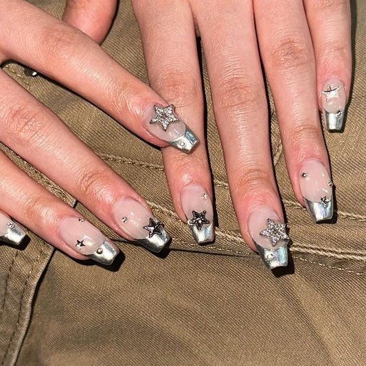 Galactic Glam Press On Nail Set Long Coffin Silver and Beige with Star Accents