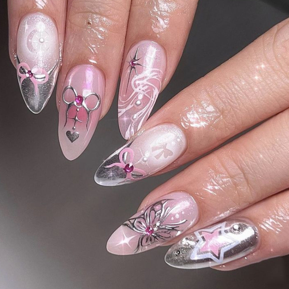 Whimsical Fairy Tale Long Almond Press On Nail Set in Pink and Silver with Glitter Accents and Charming Bow Designs