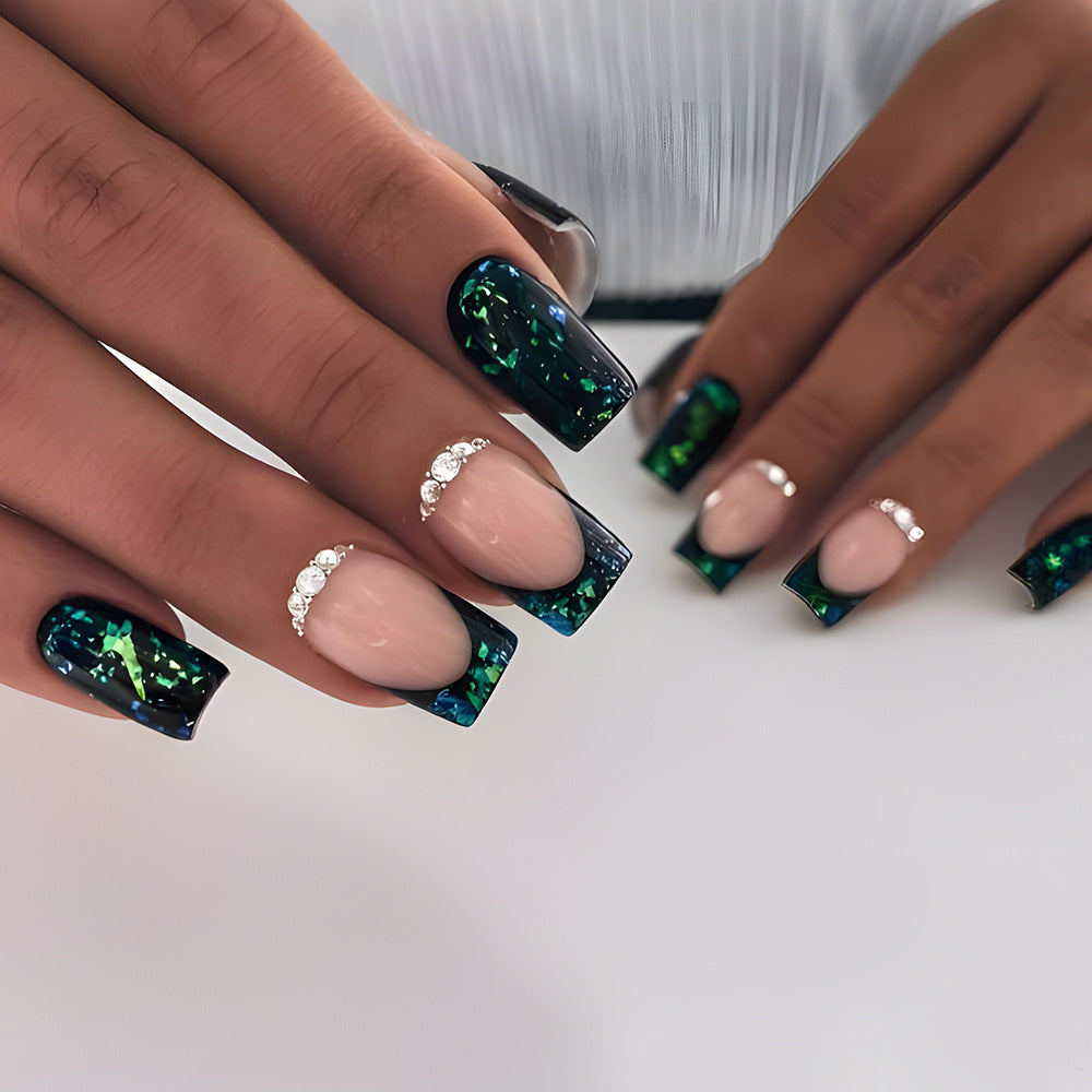 Glamorous Ocean Vibes Long Square Press on Nail Set in Dark Green and Black with Shiny Rhinestone Accents