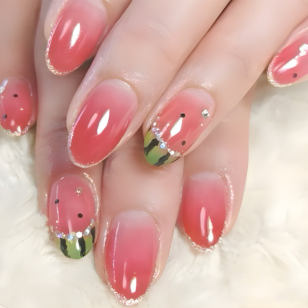 Watermelon Delight Long Almond Pink and Green Press On Nail Set with Sparkling Glitter Tips