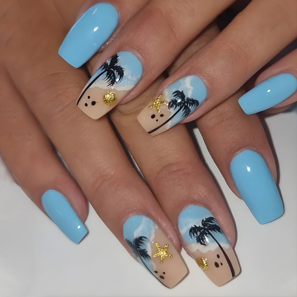 Beach Paradise Long Coffin Light Blue Nail Set with Tropical Palm Tree and Gold Accent Design