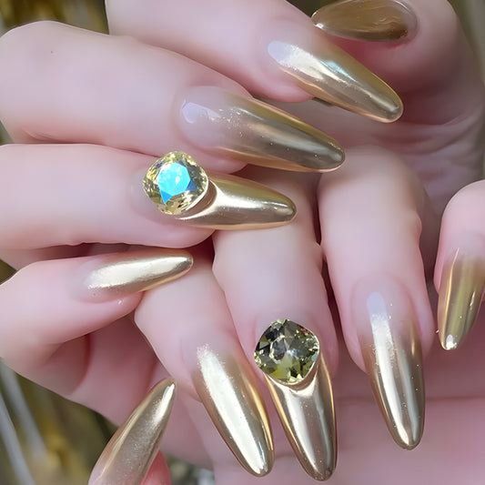 Glamorous Golden Almond Press On Long Nail Set Sharp Metallic with Stunning Gem Accents