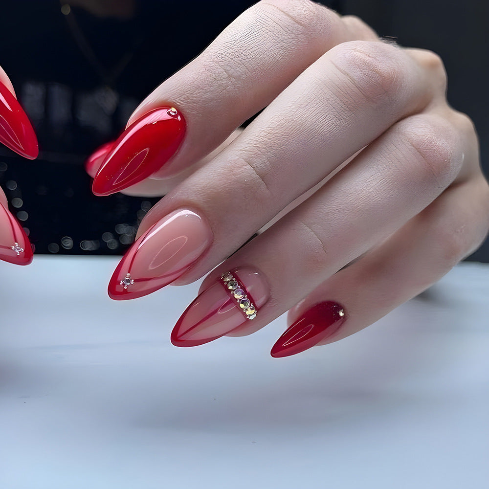 Glamorous Romance Long Stiletto Red Press On Nail Set with Chic Rhinestone Accents