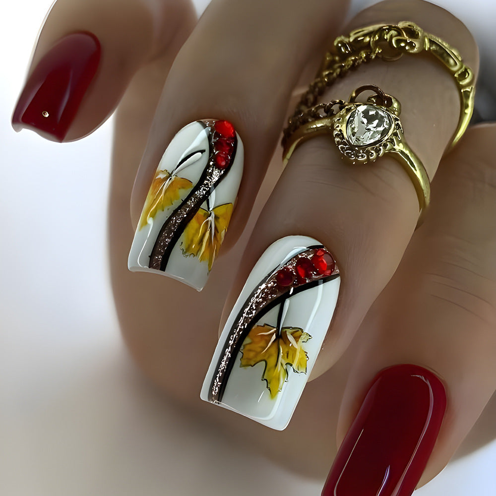 Autumn Elegance Long Square White and Yellow Press On Nail Set with Glittering Leaf Design and Red Accents