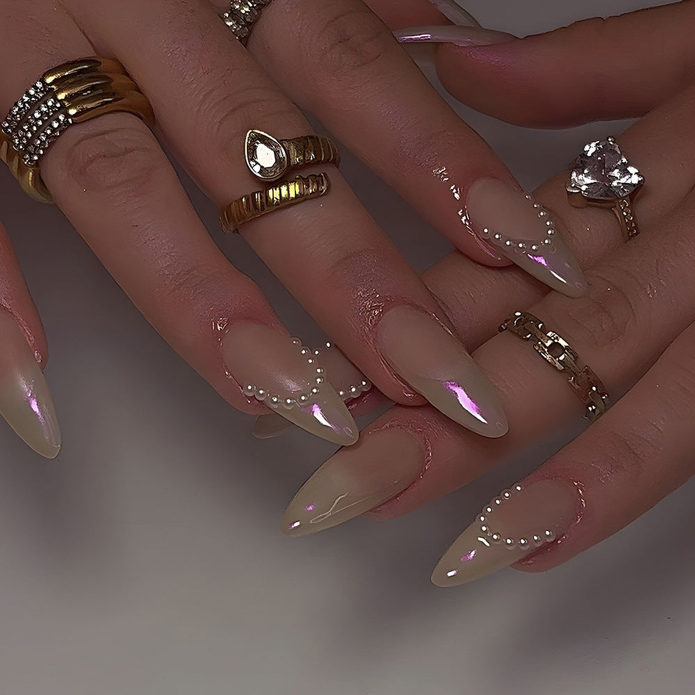 Luxurious Elegance Extra Long Almond Shaped Beige Press On Nail Set with Iridescent Pearls