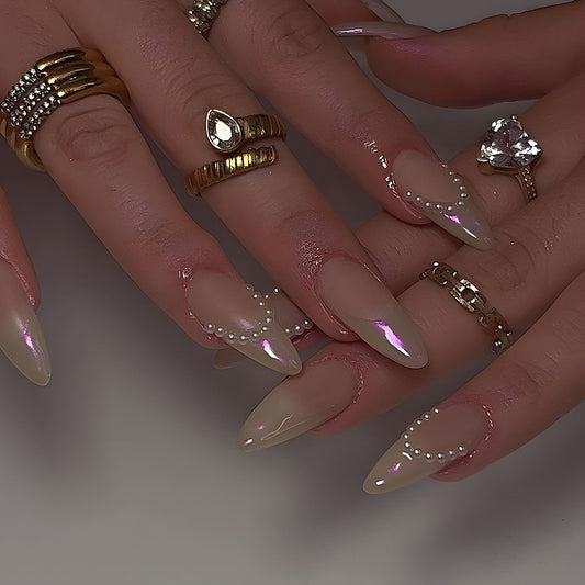 Luxurious Elegance Extra Long Almond Shaped Beige Press On Nail Set with Iridescent Pearls