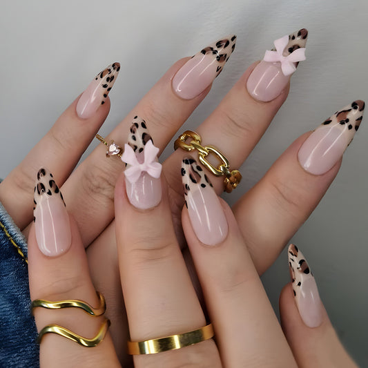 Chic Wild Cat Long Stiletto Press On Nails Pink Leopard Print with Adorable Pink Bows