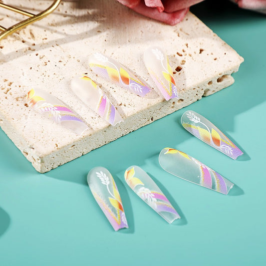 Bohemian Dream Colored Long Length Coffin Shape Translucent Floral Design Press On Nail Set