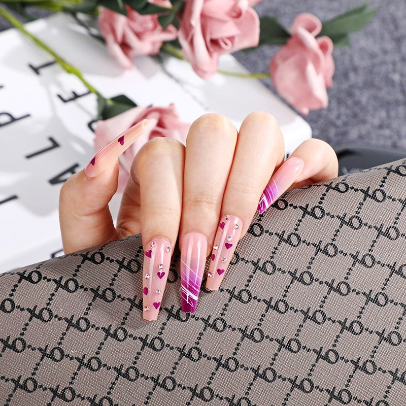 Romantic Vibes Long Coffin Pink Ombre Press On Nail Set with Heart and Gemstone Accents