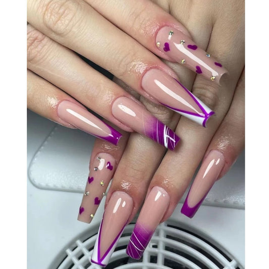 Romantic Purple Heart Long Coffin Press On Nail Set with Dazzling Glitter and Unique Gradient Design