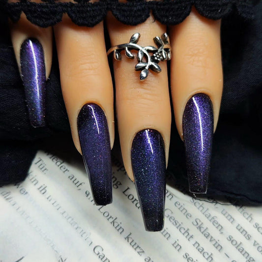 Starry Night Long Coffin Midnight Purple Glitter Press On Nail Set with Holographic Sparkles