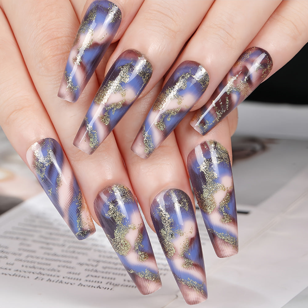 Starry Night Collection Long Coffin Purple Clouds & Gold Flakes Press On Nail Set