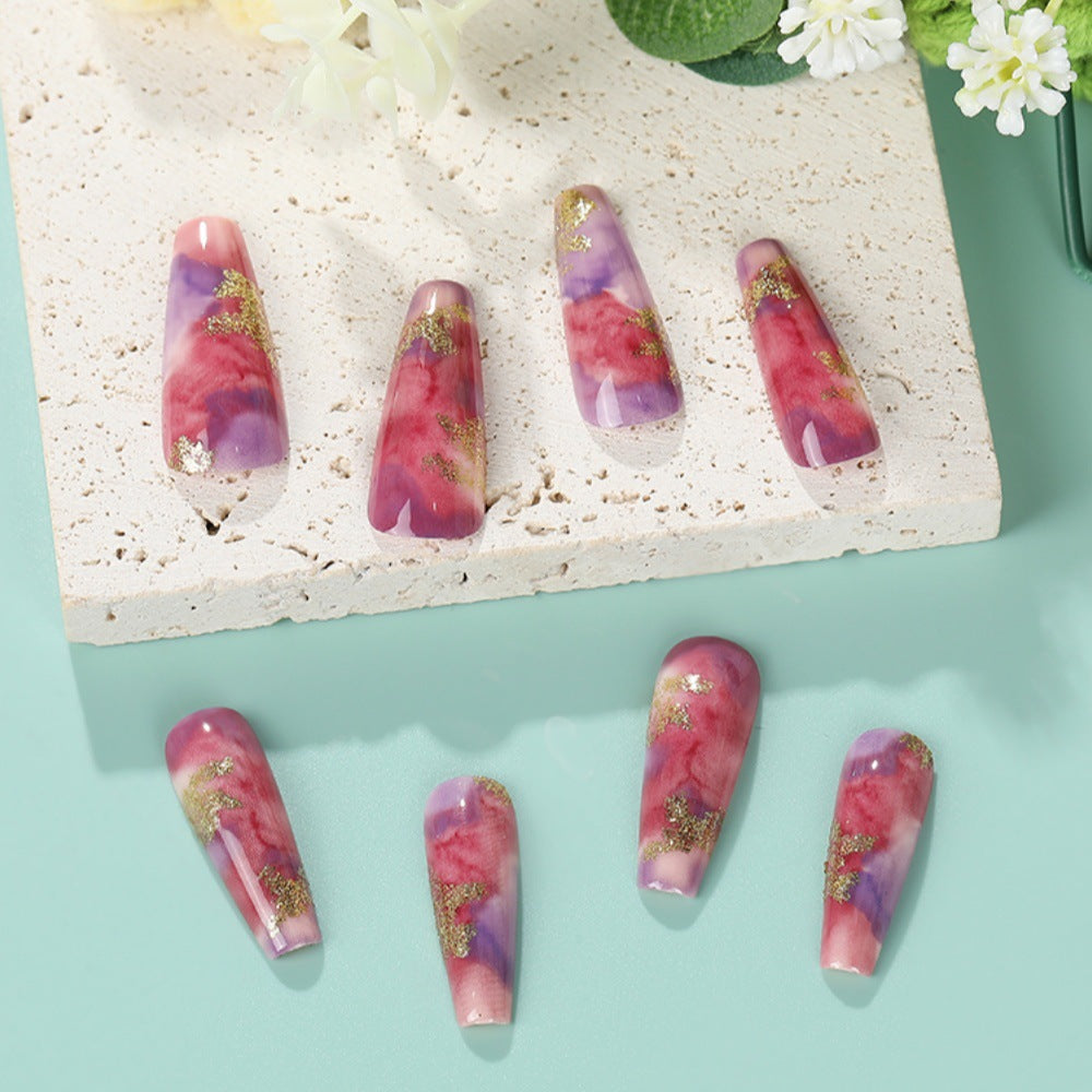 Whimsical Wonderland Long Coffin Purple and Pink Glittery Marble Press On Nail Set