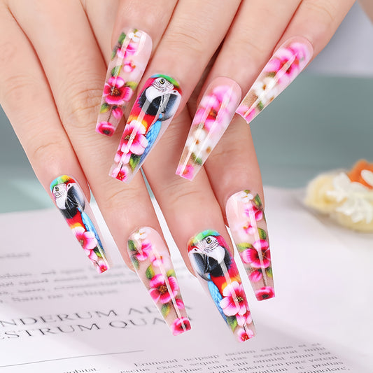 Tropical Paradise Long Coffin Transparent Colorful Floral Press On Nail Set with Exotic Bird Design