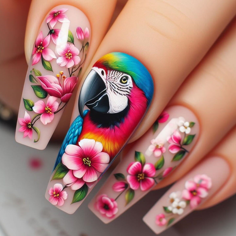 Tropical Paradise Extra Long Coffin Press On Nail Set Colorful Floral Design with Vibrant Macaw Illustration