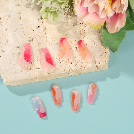 Tropical Sunset Press On Nail Set Long Coffin Blush Pink Coral Ombre with Glossy Bubble Accents